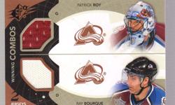 10/11 UPPER DECK SPX
THIS IS A PATRIC ROY/RAY BOURQUE
 WINNING COMBOS DUAL JERSEY CARD 
 CARD # WC-RB
CARD IS IN NEAR MINT TO MINT CONDITION
CARD WILL BE INSERTED IN A SOFT AND HARD SLEEVE
AND PLACED IN A  BUBBLE WRAPPED ENVELOPE