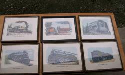 These are a collection of 10 locomotive pictures for the railroad collector in your family. Nine of these are drawings of locomotives from 1838 (Samson-Nova Scotia) Thru to 1944 (Mountain Locomotive 6060) they are in matching frames 10" X 8" inch frames