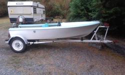 13 foot boat and trailer for sale. Fiberglass construction. Has steering hookups for outboard motor. Bench needs tlc. Trailer in great shape and could fit a larger boat.