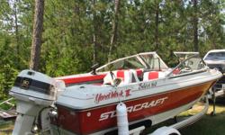 16 foot Starcraft bowrider. Seats eight. 90 horse Johnson VRO and Starcraft trailer. Includes depth finder and VHF radio. In boat gas and oil. New tires and new bunk boards. Boat and motor maintained professionally annually. $5000.00 705 206-2600.