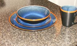 FOR SALE, ,16 PIECE SET OF DISHES,DEEP BLUE,WITH A TERRA COTTA TRIM, SET INCLUDES,4 LARGE PLATES,11.25 INCHES. 4 MEDIUM SIZE PLATES 8.25 INCHES, 4 LARGE BOWELS 7.75 INCHES,AND 4 LARGE MUGS,4.5 INCHES HIGH. SET IS IN PERFECT CONDITION.|$20 FIRM
