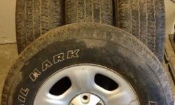 Set of 4 
Size 235/70R-16" M+S White Lettered Tires,
Mounted & Balanced on 5 bolt Jeep
Rims & Centers.
Good shape. Lots of tread left.  
 
Price $300 firm.