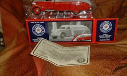 For Sale
1930 Dodge AirFlow Tanker Truck / Bank
Diecast Red/Grey
Scale 1:25
Comes with lock and Key.
Brand new and comes in the box, only removed from the box to take the pics, never had plastic protection removed
Standard Oil Company Logo
Certificate of