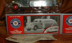For Sale
1930 Dodge AirFlow Tanker Truck / Bank Special Edition
Diecast Brushed Metal Scale 1:25
Comes with lock and Key.
Brand new and comes in the box, only removed from the box to take the pics, never had plastic protection removed
Standard Oil Company