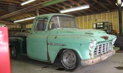 56 chevy project truck  with a  454 block core 350 turbo tranny core an a 12 bolt rear end . Truck has a camero rear end. Have extra parts ,hood ,doors etc