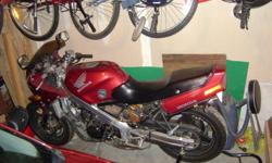 I am selling my 1986 Honda VFR750. (V4)
It runs great. Needs nothing to certify...if anything, a rear tire...its borderline.
New front discs 2 years ago...LOTS of brake pads left. No holes in seat. New rear wheel bearings, new speedo cable.
The panels are