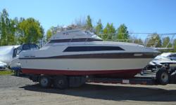 This cruiser has flybridge engine controls; bimini top with full enclosure; economical twin 4 cylinder 180 hp Mercruiser I/O engines with 673/630 hours.
New (2013) Upholstery up and down, except for captains chair, new batteries.
New (2014) Canvas, 4 Bank