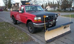 Make
Ford
Model
F-250 Series
Year
1995
Colour
red
kms
101350
Trans
Manual
Picture was taken in fall . Shows truck better than if covered in snow . 1995 Ford F-250 4 Wheel Drive with Meyer E-60 Quicklift Poly blade plow , 460 ci Fuel injected GAS //