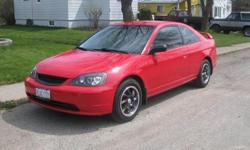 Make
Honda
Model
Civic Coupe
Colour
Red
Trans
Manual
kms
174000
REDUCED: 2002 Honda Civic 2 door coupe. Excellent condition and well maintained. 5 speed manual transmission. All new pioneer audio AM/FM CDplayer USB, tinted windows, new headlights and