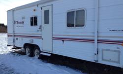 We have a 25 ft TERRY Lite travel trailer for sale, in excellent condition barely used, sleeps easy 6.
Queen size bed, 1 set of bunks, table folds down for bed. Air conditioning, furnace, all inspected 4 months ago when put away for winter.
Inside trailer