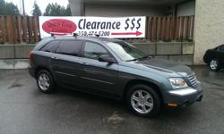 Make
Chrysler
Colour
Green
Trans
Automatic
kms
189522
2004 Chrysler Pacifica V6 front wheel drive, 6 passenger, fully loaded including leather and rear entertainment, new tires, great safety rating, very comfortable x-over for the family, includes 3 month