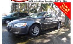 Trans
Automatic
This 2004 Chrysler Sebring Limited has alloy wheels, fog lights, leather interior, power windows/locks/mirrors/seats, steering wheel media controls, dual control heated seats, CD player, A/C, AM/FM radio, rear defrost and more!!!
STK #