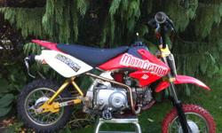 Selling a Modded Crf 50, All the parts are quality Aftermarket parts no Cheep knockoffs. The bike has a ton of torque and power.
Here are a list of the mods
Gold BBR billet front end with brand new fork seals.
ProTaper Bars
Tall Seat
88cc kit
Big Carb and