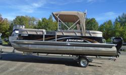 2013 Legend Genesis
This 2013 gently used pontoon boat is a great entry level boat. It comes with bench seating, sink and cold water, bimini top with a day enclosure, full tonneau cover , a stereo, a ladder, depth finder, a battery and carpets. This boat