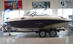 All Standard Features Plus:
Volvo 270 hp 5.0 GXi
Snap-in Carpets, Aft Filler Cushion
Digital Depth Finder w/Depth Alarm
Pump Out Head, Bolster Seats
Stereo, Transom Trim Switch
Bimini Top, Bow and Cockpit Covers
EZ Loader Tandem Trailer w/Swing Tongue,