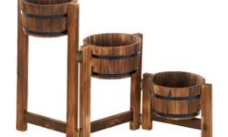 Roll out the barrels and add a dollop of country charm! The simulated fir wood barrels of this planter trio have authentic metal banding and are fastened to sturdy wooden posts. Its hinged tri-level design gives you the freedom to adjust it to fit