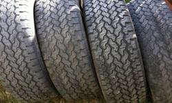 Set of 4 Procomp All Terrain tires. 3 are at 40-50% tread and 1 is at 70% (one was replaced due to a sidewall cut). One tire has a PROPER patch, not a plug, caused by a screw. All of them are evenly worn and they were rotated often.
These tires have the