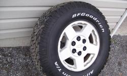 ** Reduced Price!!**
-285 BFG All Terrain T/A Tires approx. 60% tread left on 17" Chevy Aluminum 6 bolt rims
-Great Condition
-Excellent for winter conditions