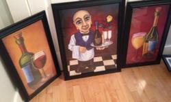 These 3 colourful Will Rafus prints are professionally framed. Large waiter"Carlotto" is 27x 20.5 and the 2 smaller wine bottles are 25x15". All in perfect condition ready to hang in the kitchen, dining room or recreation room.
this is a bargain fro