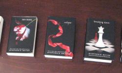 I am selling Twilight, New Moon, Eclipse, Breaking Dawn, and the Twilight Director's notebook
only Twilight is bent up in one corner the rest are in excellent condition
These books cost me $103 with tax
I want $45 for them