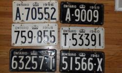 I have 50's, 60's and 70's license plates. Each plate comes with hanging hooks. They are great for decorating the den. $15 each or 4 for $50.