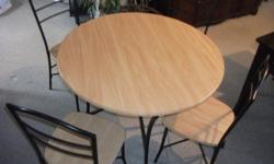 Metal and wooden table and chair set, in good condition.