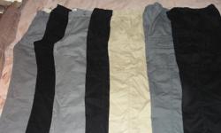 One stop shopping, perfect for your son's back to school wardrobe.
Size 14 Boy's Pants from Children's Place
Khaki style: 2 pairs grey, 1 pair black.
Cargo pants: 2 pairs black, 1 pair grey, 1 pair khaki.
All in good condition from a smoke and pet free