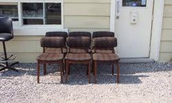 A SET OF SIX MID CENTURY MODERN TEAK DINING CHAIRS .MADE BY R.S.ASSOCIATES LTD OF MONTREAL AND STAMPED TO THE UNDERSIDE.
CAN BE SEEN AT SPUTNIK VINTAGE FURNITURE FROM WED THURS   FRI   SAT  1 - 5   PM