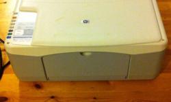 HP psc1110 all-in-one printer copier and scanner for sale. The printer is barely used and in excellent condition. It comes with all necessary power and USB cables. Scans documents and pictures excellently. It takes very cheap ink ($15 for both black and