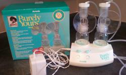 Ameda Purely Yours breast pump is a hospital grade double electric pump.  Has 8 settings and can be used for dual or single side pumping.  Has AC adapter to plug in wall or uses 6 AA batteries. 
Includes:
pump
2 sets of pump tubing
extra valves
AC