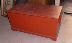 Antique pine blanket box in old red paint. Dovetailed construction with hidden compartment behind inside glove box. Priced to sell and ready to use. We have a large inventory of antique furniture and collectables for sale. All reasonably priced.