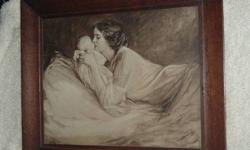 Beautiful painting of mother & babe circa 1800's in original oak frame.  Signed but can not make out the name.  25" x 21"