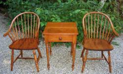 Renovating or redecorating? These these Canadiana armchairs are both practical and decorative. I restored and refinished most of them myself.
Photo #1 shows two continuous arm chairs manufactured in Victoriaville, Qc. These two have a cherry finish, but I