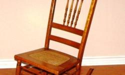 For sale a quarter sawn oak rocking chair. The wicker seat is in good condition. The chair has damage and may only useful as a decor piece. Pictures show damage. Asking $30.00. Please e-mail for more information.. 
 
Please view Poster's other ads.