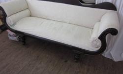 Antique Victorian sofa in the Empire Style circa 1850-1870. Beautiful piece of furniture but should probably be recovered as there are a few paint marks on the fabric from when I was carelessly painting my house and didn't cover up the sofa properly. Very