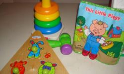 Assorted kids toys. 
Fisher Price barn with animals, Fisher Price Stackables, 3-piece wooden puzzle, cloth book, toys hammer rattle, Lego Duplo blocks.  All are sold together and come from a smoke free home.