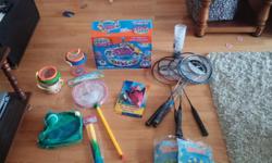 Aqua Sand playground and all accessories bought at Toys R Us,6 badminton rackets and birdies, Velcro ball and gloves, 2 bug catchers, wand with ribbon, bug net catcher, flinger plane, 2 mini inflatable pools