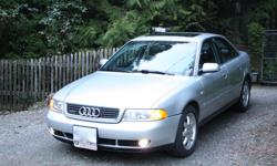 Make
Audi
Model
A4
Year
1999
Colour
silver
kms
194000
Trans
Manual
Excellent condition inside and out it has been dealer serviced all its life just had a full synthetic oilchange and filter. 5 spd manual clutch is 80% and brakes are 70% interior is like