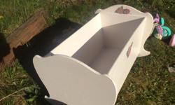 This baby crib is very sturdy. It went through many years of rough play and is still perfect. It's solid wood, painted white with roses decorating it. The most it would need is a new coat of paint.
- white baby crib
- x2 baby potties
- x2 baby bottles
-