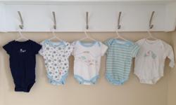 Five baby onesies 6 months. Brands are carter's, Small Wonders and Joe Fresh.