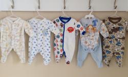 Five baby pajamas 0-3 months, brands are Joe Fresh, Babyboots, Disney baby, and Love'n cuddles. The Disney pajama is four pieces, pants, onesie, bib and slippers.