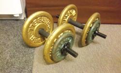 Barbell and Weider weights for sale. Barbell 4 X 5 kg, Weider 4 X 3 lbs. Total approx. 66 lbs. Only $60. We are located in Orleans. See our list of other items for sale. First come, first served.