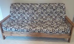 Great condition futon with woven patterened fabric (non-smokers_
Solid Wood frame is clear stained and sturdy
Frame when upright 82"L x 40"W x 38"H mattress 74"L x 48"W
We're moving and no longer required
Can be disassembled for delivery with Allen key