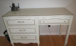 Beautiful white bedroom set with gold accents and scalloped details. Willing to sell pieces individually.
-Double bed head board and frame $100
-Night stand with one drawer $25
-Desk with 3 good sized drawers and one small drawer $75