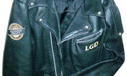 Classic motorcycle style leather jacket
made by Rockwear.
Large embroidered patch on back with small
matching arm patch and  LGD monogram
under the chest pocket.
Medium size will fit adult or teen in the
5 ft 5 to 5 ft 8 range 160 to 170 cm.
New condition