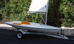 unsure of age, mid 80's posibly, good shape, normal wear.
123 lbs. 5.6m2 sail. easy to sail and quick to set up. ideal for one adult and child.
includes trailer but will sell separate.