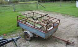 small 4 x 5 foot box trailer, older but still solid although wooden floor needs replacing, needs lights and wiring fixed (have lights for it), spare tire included.  Not been on the road for a few years but have ownership.