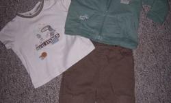 I have a really cute George brand outfit that include brown pants with elastic waist and a matching off white Bug theme shirt and a green zip up hoodie. From a smoke free pet free home in McGregor Look at my other adds for more great deals on clothes etc.