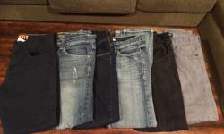 All jeans fit age (approx.) 11-13 yrs old
2 H&M brand size 12-13
2 Old Navy size 12
2 Carbon size 26 (approx 12)
all slim fit
$10 each or $50 for the lot. Barely worn as my son grew out of them within a couple months of purchase.
