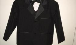 Boys black size 3, five piece tuxedo. Worn once, for four hours. White long sleeve shirt has never been worn.
Tuxedo was purchased from Moores.
It includes a black jacket, black vest, white long sleeve shirt, black bow tie and black dress pants.
For any